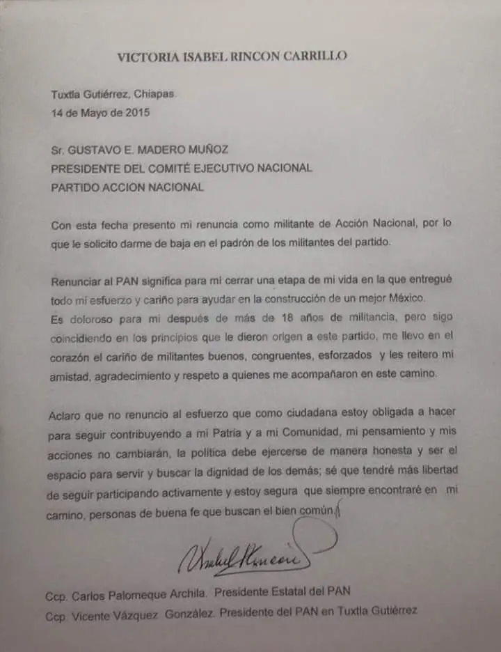 Misiva de la ex alcaldesa panista Victoria Isabel Rincón Carrillo. (Cortesía). CP