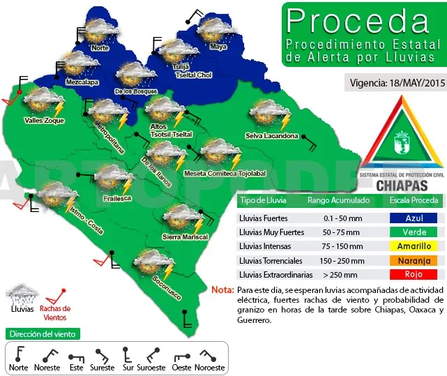 Mapa de Alertamiento por Lluvias de la Secretaría de Protección Civil estatal. Cortesía.