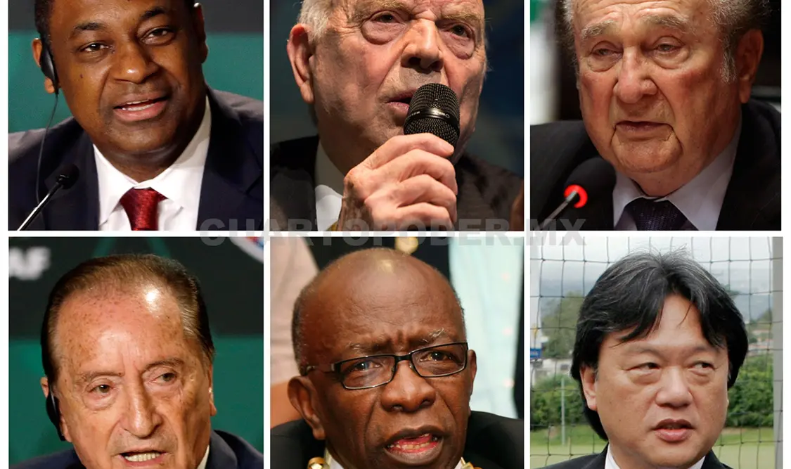 Seis de los dirigentes del fútbol sobre la corrupción en la FIFA. De arriba a la izquierda hacia la derecha un Jeffrey Webb, Jose Maria Marin, Nicolás Leoz, Eugenio Figueredo, Jack Warner, y Eduardo Li. AP