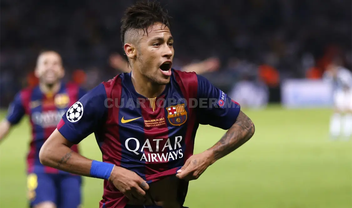 El jugador del Barcelona Neymar Jr. celebra su anotación y ganar la Orejona ante la Juventus en la Champions League. AP