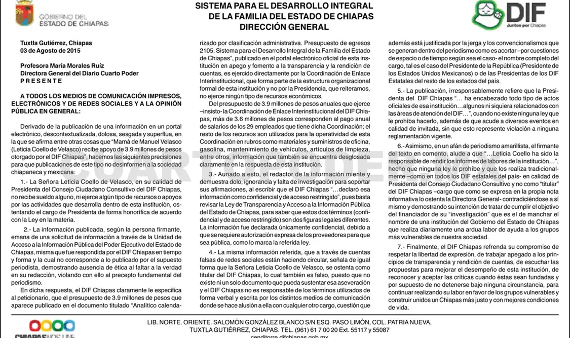 Aclaración del DIF Chiapas a calumnias de un portal electrónico