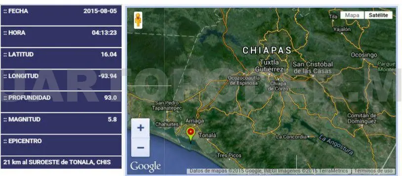 Ubican en 5.8 grados Richter el sismo de la madrugada de este miércoles en Chiapas, con epicentro a 21 kilómetros de Tonalá. Cortesía. CP