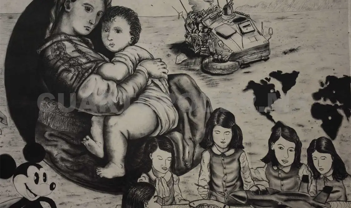 Niña occidental alimentando su F-16, de Jorge Zamorano. Darwin Mendoza