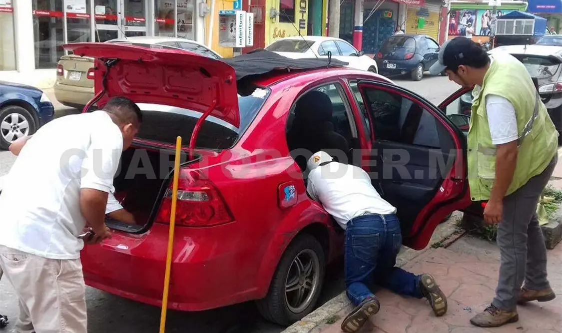 Momento en que elementos de Protección Civil revisan el automóvil de la mujer, luego de que descubriera el reptil en el asiento del copiloto.