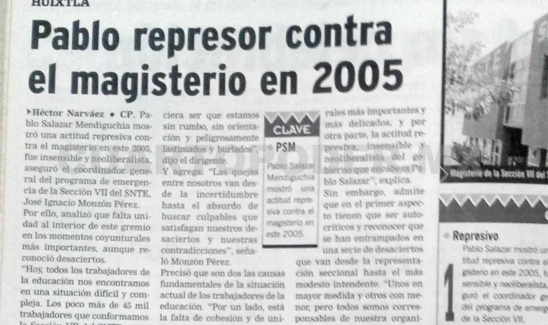 Publicación denunciando apostura represora por parte del gobierno de Pablo Salazar. CP