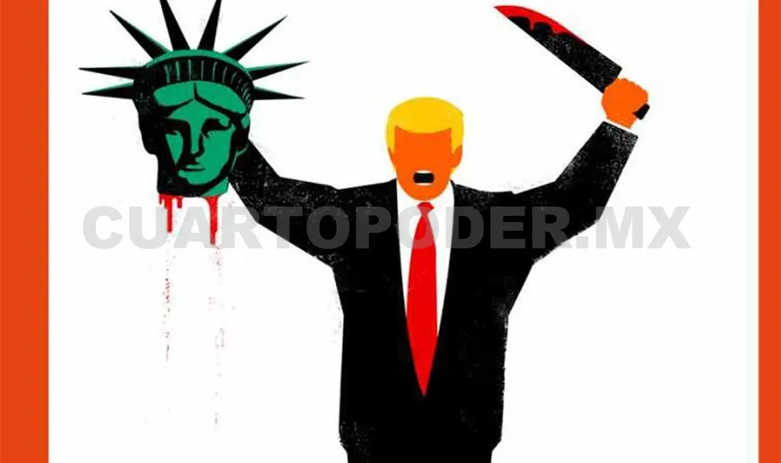 Ilustran a Trump sosteniendo en una mano un cuchillo y en la otra la cabeza de la Estatua de la Libertad. NTX