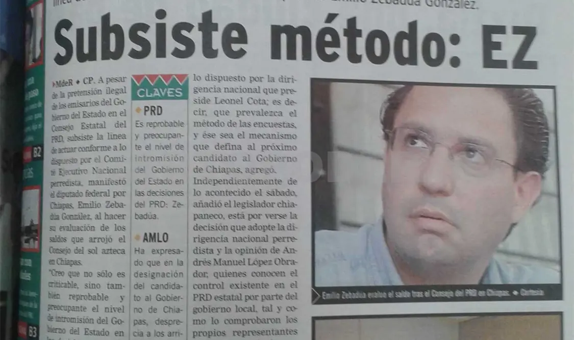 Publicación donde Emilio Zebadúa reprueba la forma en la que el gobernador Pablo Salazar se inmiscuye en las decisiones que de forma soberana y autónoma debe tomar el PRD. CP