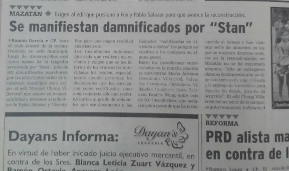 Publicación donde damnificados del huracán Stan exigen al edil que presione a Fox y Pablo Salazar para que avance la reconstrucción. CP