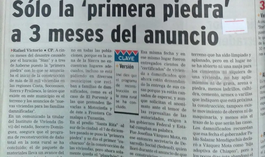 Publicación que evidencia la nula intervención del gobierno de Pablo Salazar para dar solución a los damnificados de “Stan”. CP