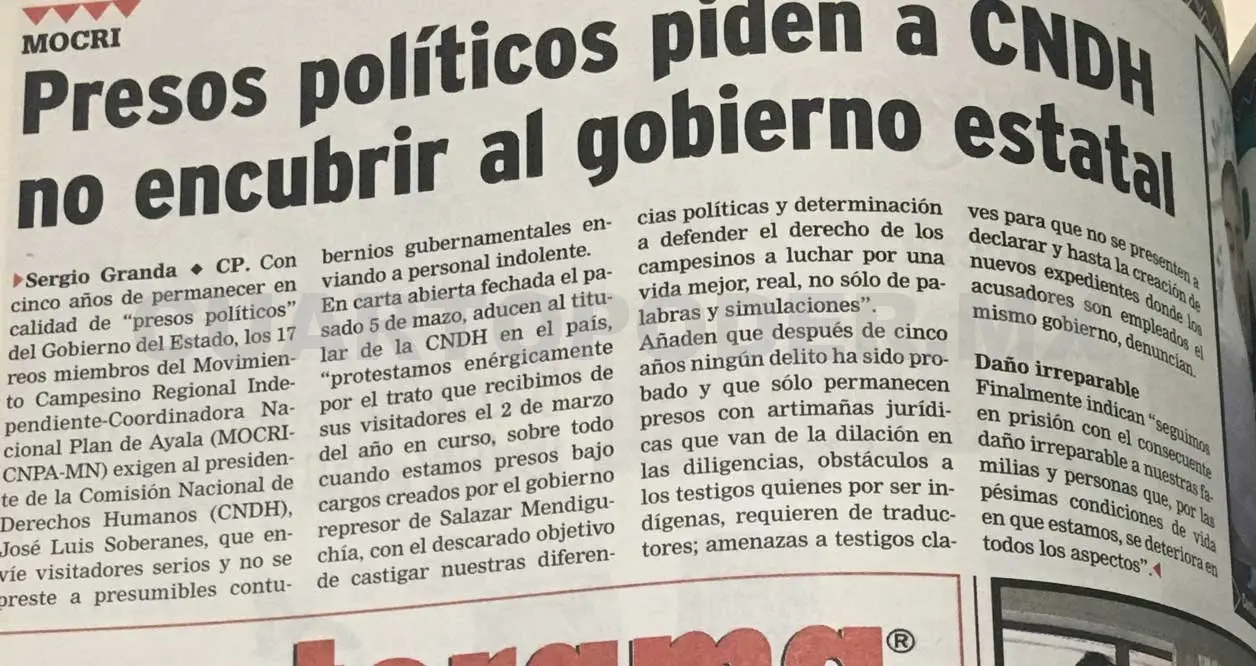 Publicación donde presos políticos piden la intervención de la CNDH ante la situación que vivían. CP