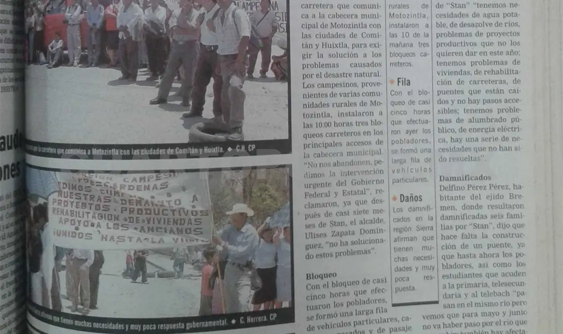 Publicación que evidencia el descontento de los campesinos afectados por Stan hacia el gobierno de Pablo el Salazar. CP