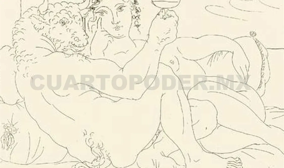 Minotauro sosteniendo una copa y una mujer joven, obra de Picasso (1881-1973). Cortesía
