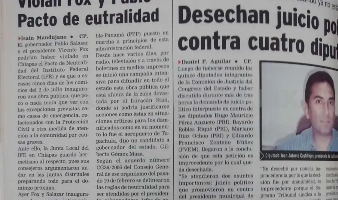 Pablo Salazar y el presidente Vicente Fox podrían haber violado en Chiapas el pacto de neutralidad del IFE. CP