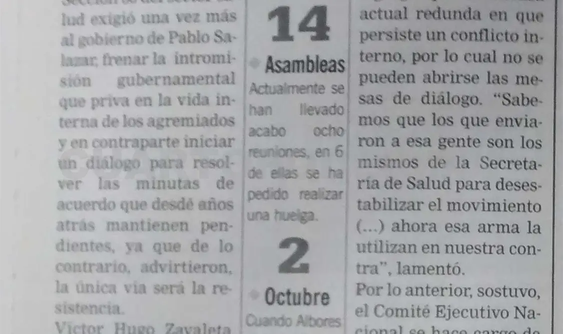 Publicación donde la sección 50 del sector Salud exige al gobierno de Pablo Salazar, frenar la intromisión gubernamental. CP