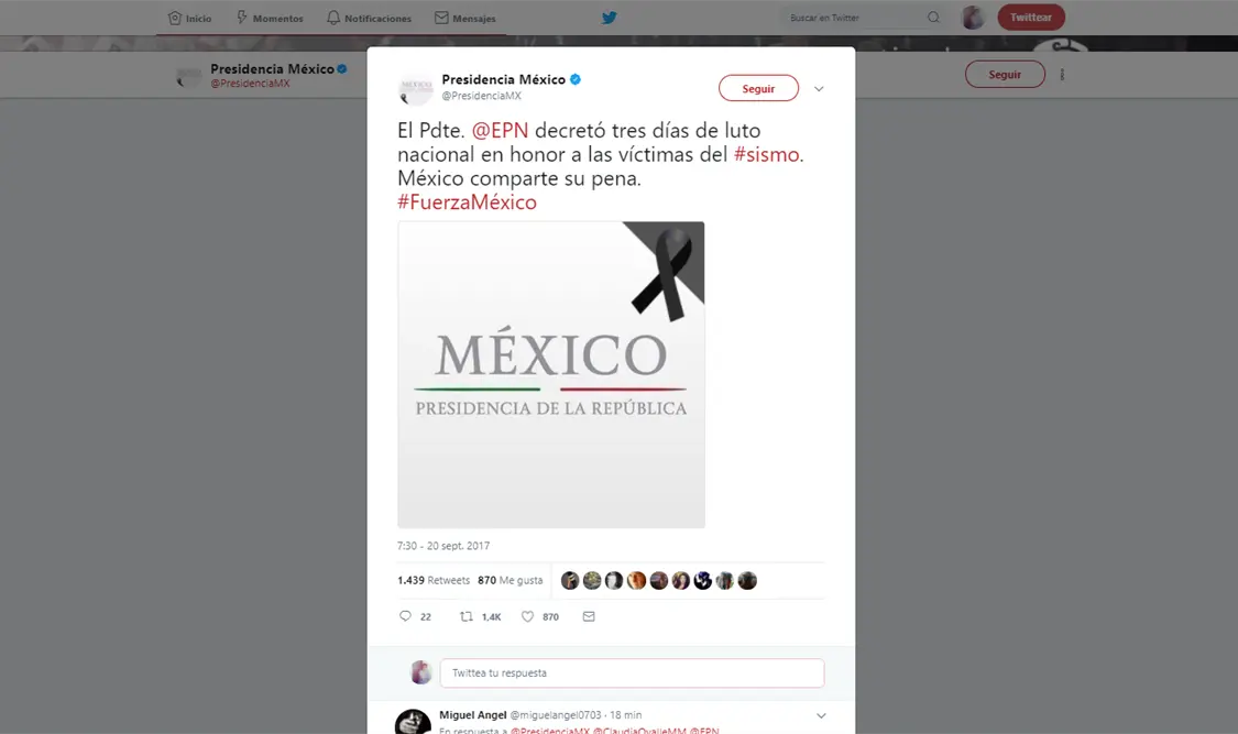 Presidente decreta luto nacional por sismo