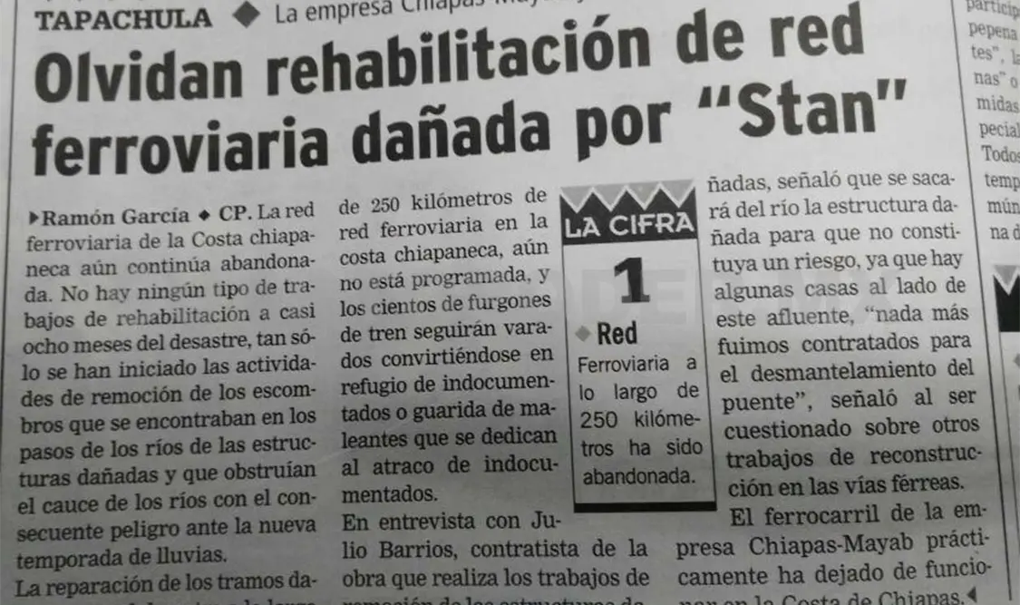 Siniestro pasado: Olvidan rehabilitación de red ferroviaria dañada por “Stan”