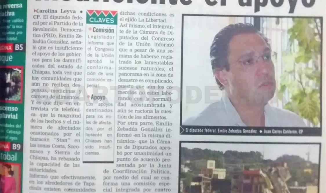 Publicación donde el diputado Emilio Zebadúa señala de insuficiente el apoyo para los damnificados de ‘Stan’. CP