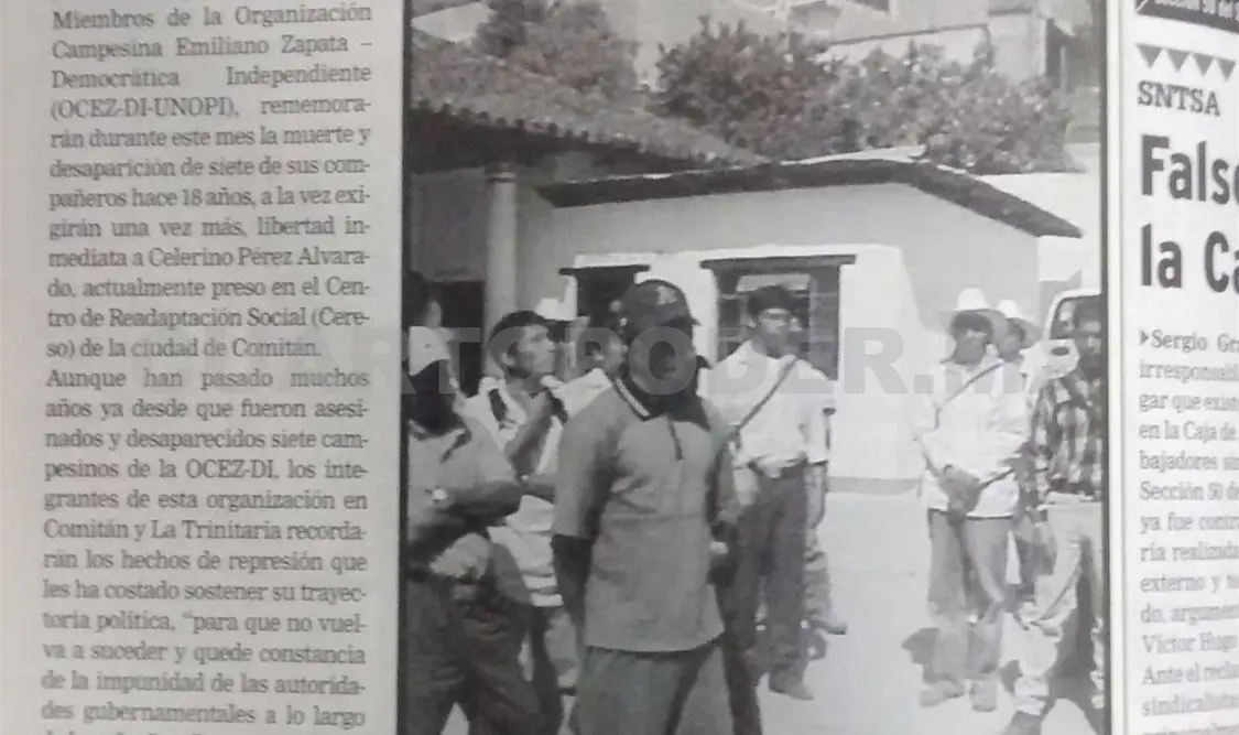 Publicación donde OCEZ-DI exige a Pablo Salazar que esclarezca los asesinatos y desapariciones que hasta la fecha ha ignorado. CP