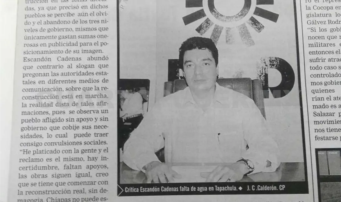 Nota en la que Rutilio Escandón critica la falta de agua potable en Tapachula. CP