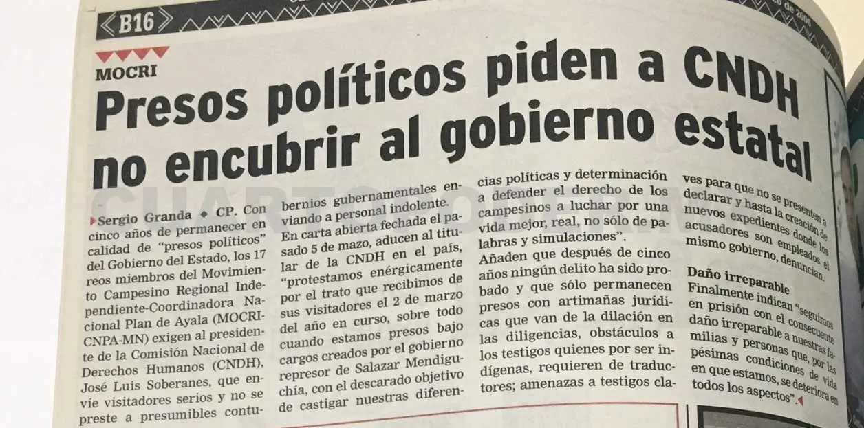 Publicación donde presos políticos piden la intervención de la CNDH ante la situación que vivían. CP