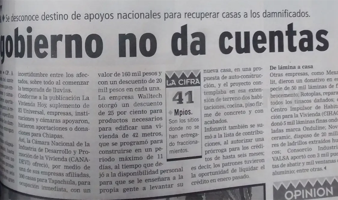 Publicación que evidencia el desvío de recursos donados para la reconstrucción de las casas afectadas por Stan. CP