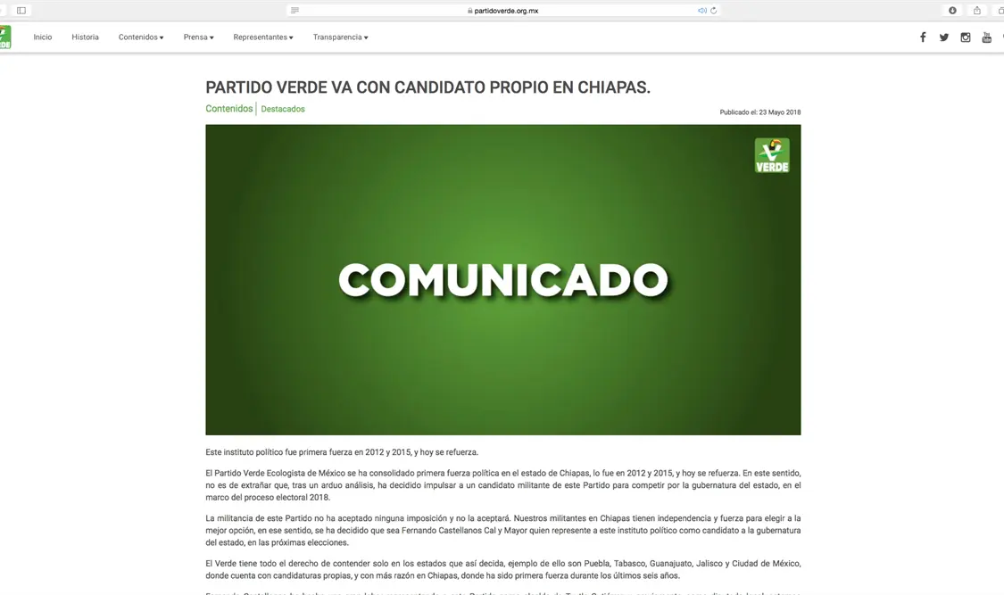 PARTIDO VERDE VA CON CANDIDATO PROPIO EN CHIAPAS.