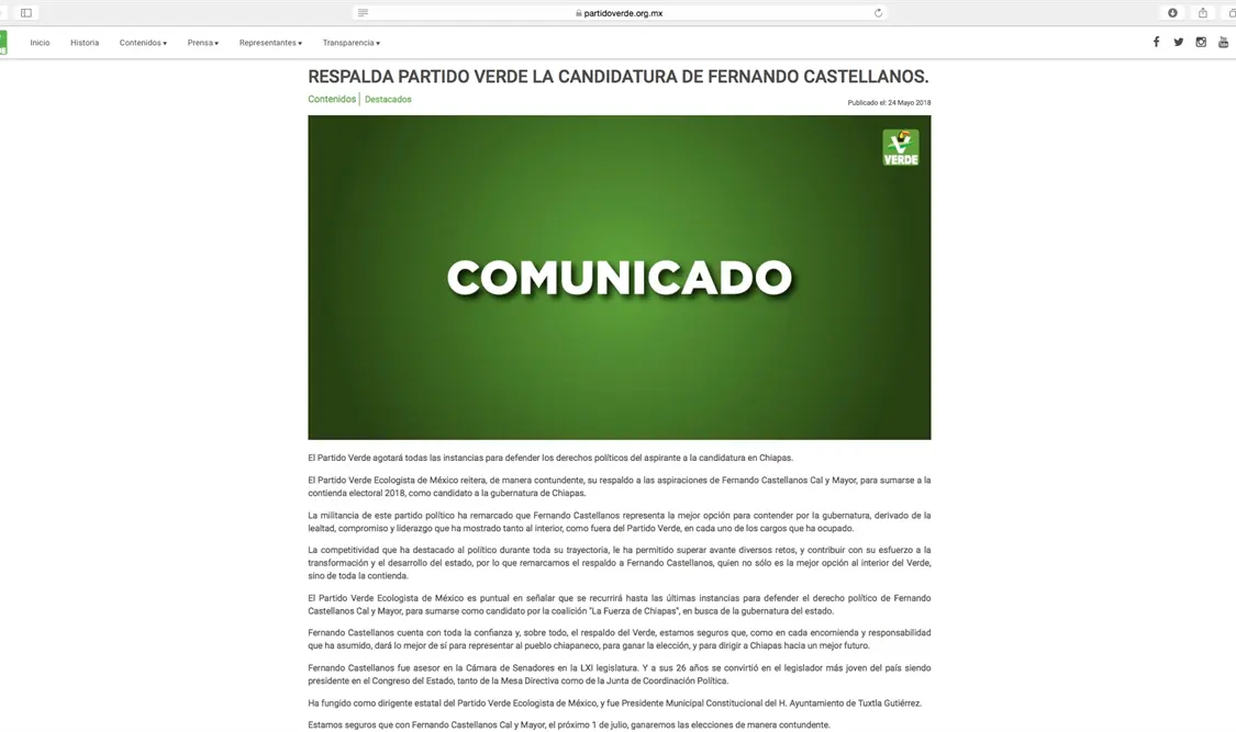 Respalda partido verde la candidatura de Fernando Castellanos