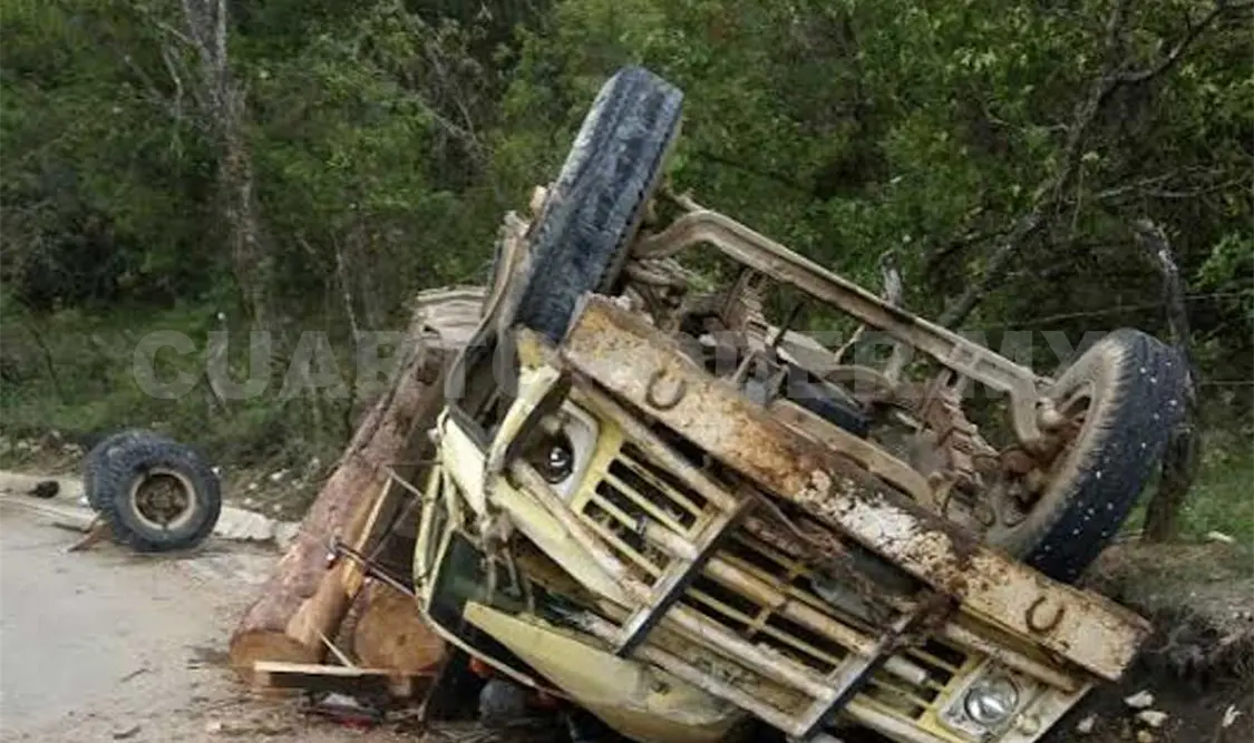 Vuelca camión cargado con trozos de madera