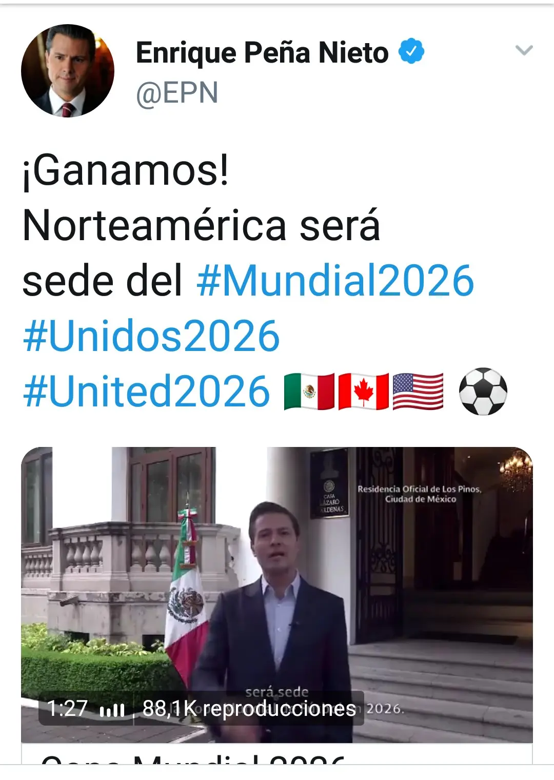 Peña Nieto se congratula por ganar sede compartida del Mundial en 2026