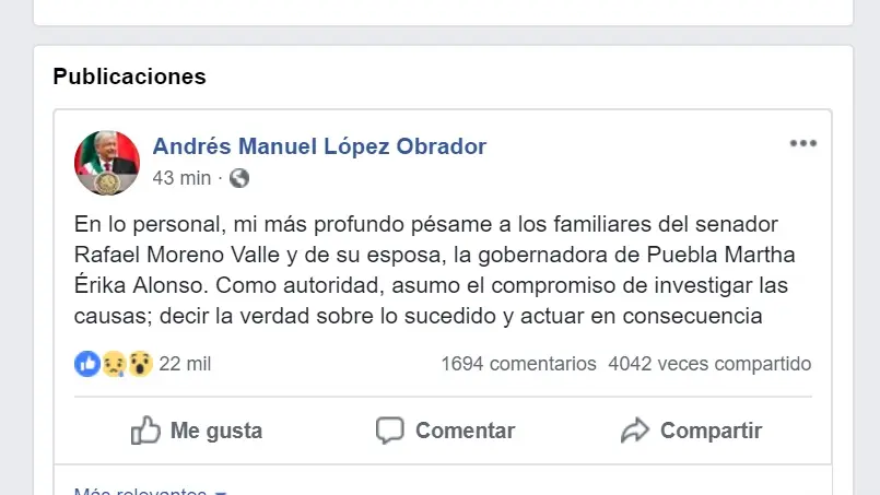 Externa López Obrador pésame por muerte de gobernadora de Puebla