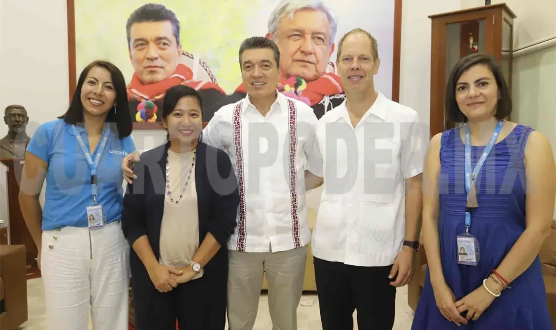 Reunión de trabajo con el representante del Fondo de las Naciones Unidas para la Infancia en México, Christian Skoog y el gobernador Rutilio Escandón Cadenas. CP