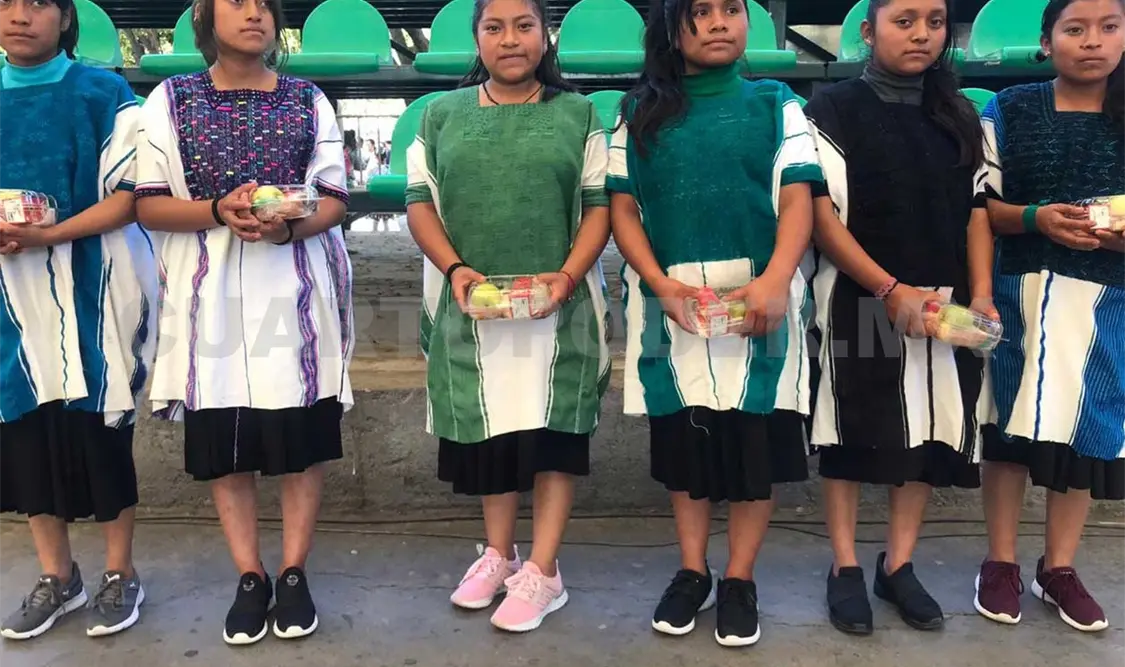 Estudiantes tzeltales portan con orgullo la bandera nacional