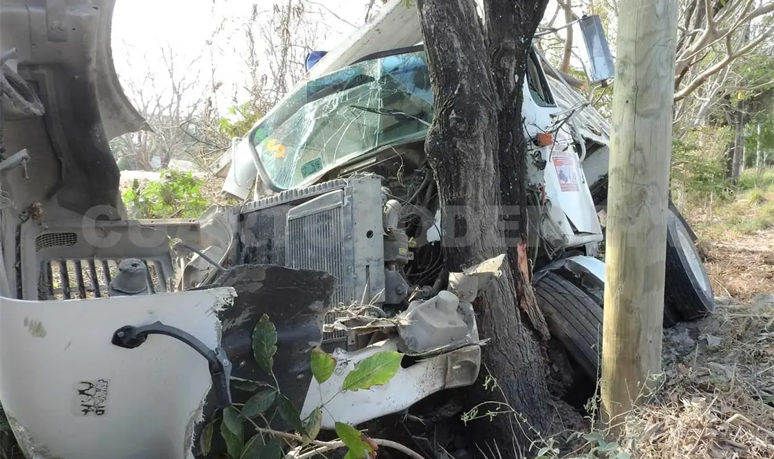 La unidad de carga terminó deshecha en la parte frontal al salirse de la carretera y estrellarse contra un árbol frente a una institución educativa. Ulises López / CP