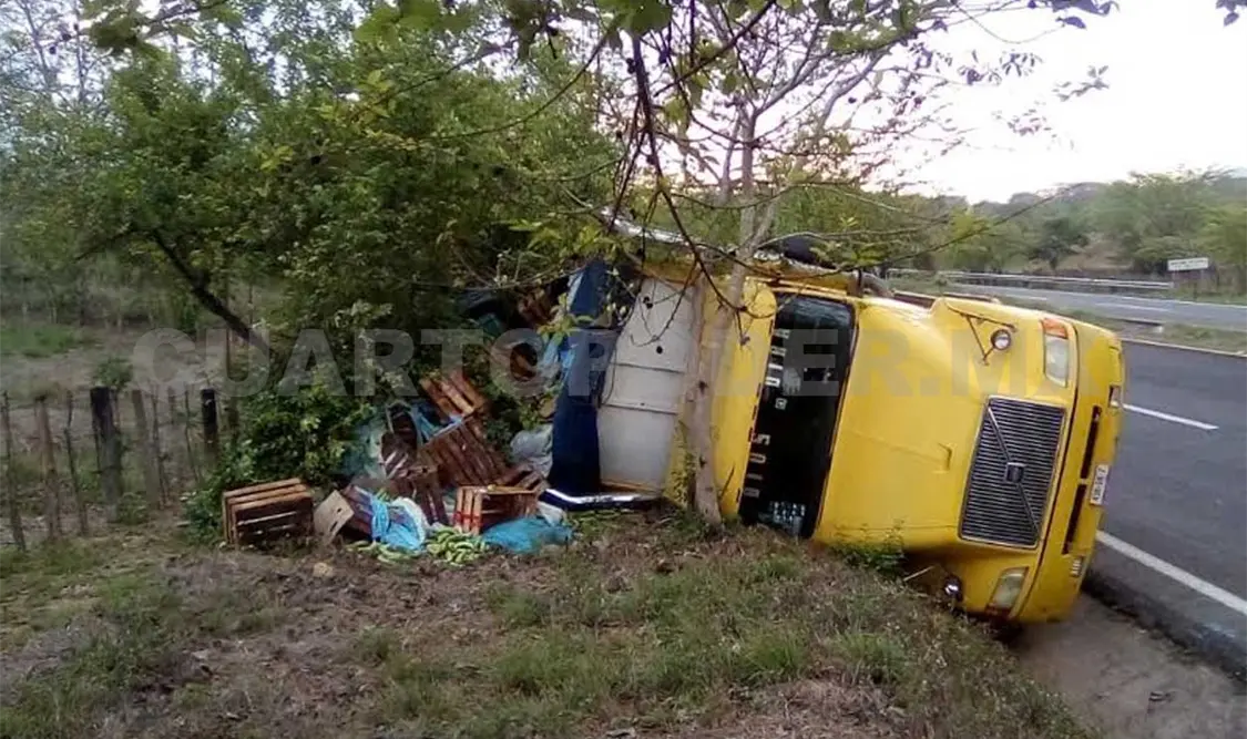 La unidad de carga transportaba 25 toneladas de plátano al momento que el conductor perdió el control y quedó recostado junto al acotamiento. Víctor Sánchez / CP