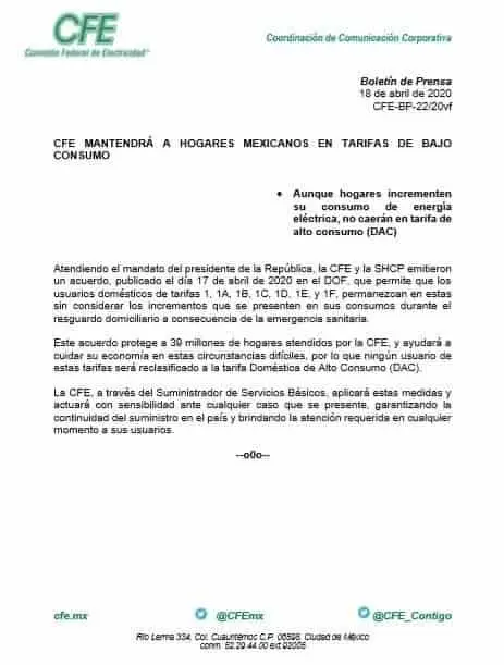 CFE MANTENDRÁ A HOGARES MEXICANOS EN TARIFAS DE BAJO CONSUMO