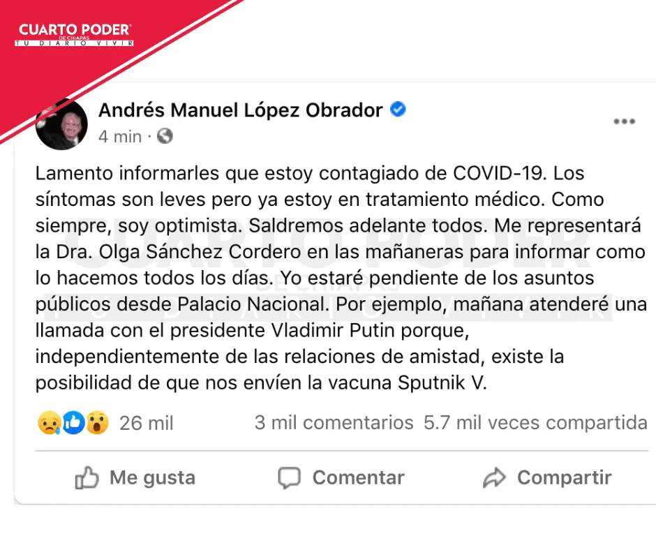 AMLO da positivo a Covid-19; dice tener síntomas leves