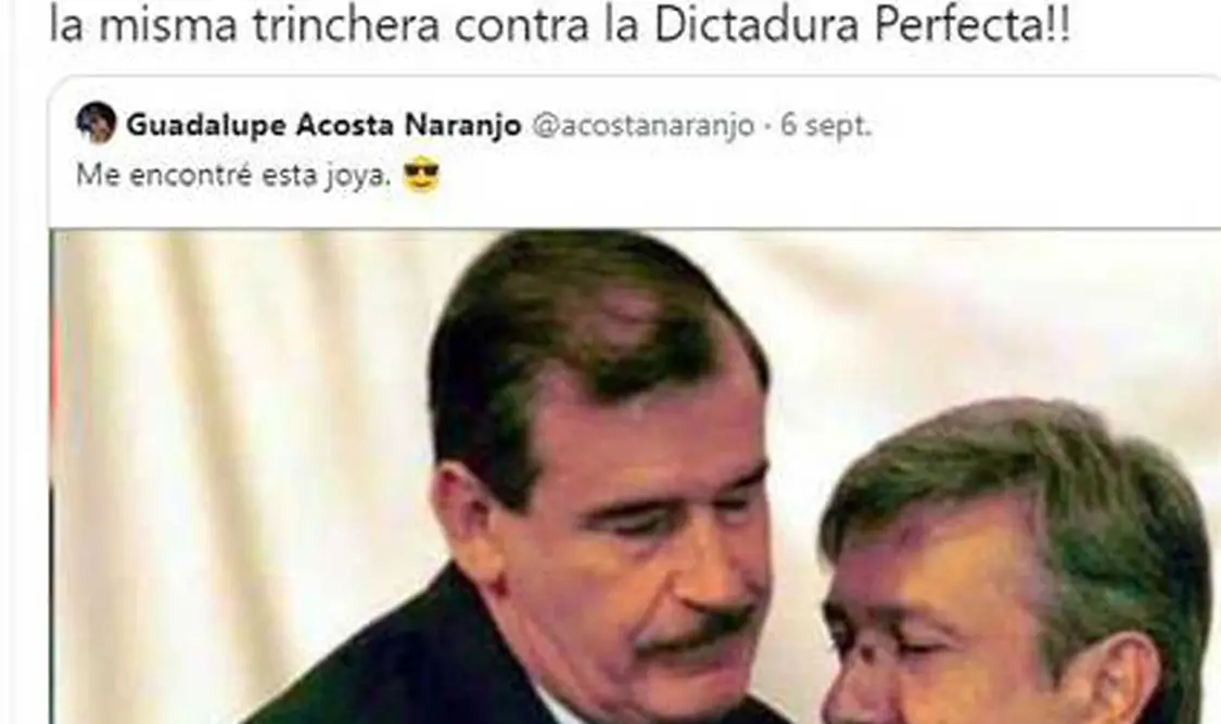 Acosta Naranjo publicó en redes sociales una fotografía en la que aparece el exmandatario Vicente Fox abrazado del presidente López Obrador. Cortesía