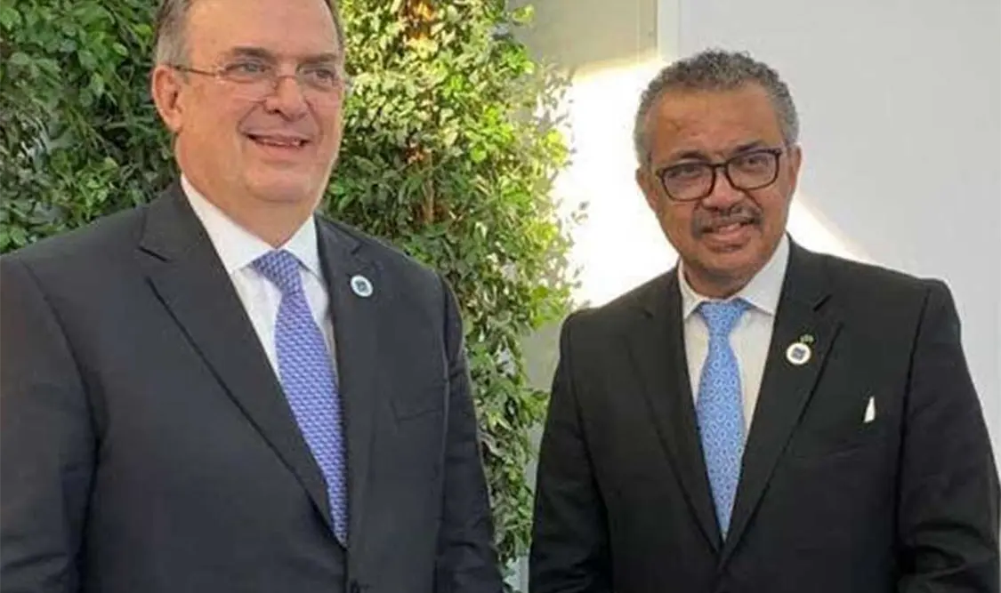 Marcelo Ebrard abordó con Tedros Adhanom Ghebreyesus, “la iniciativa mexicana para la universalidad de las vacunas”. Cortesía