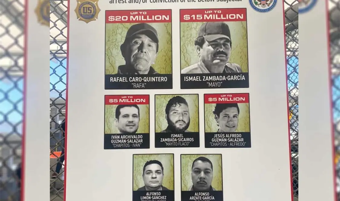 Las recompensas por los capos Caro Quintero, Zambada, “El Mayo” y por los Chapitos: Iván Archivaldo y Jesús Alfredo Guzmán, suman 45 mdd. Cortesía