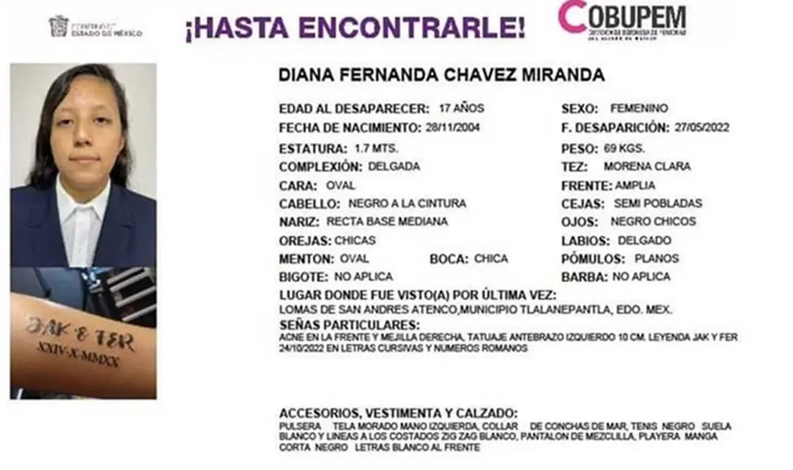 Emiten una ficha de búsqueda para encontrar a Diana, de 17 años. Cortesía