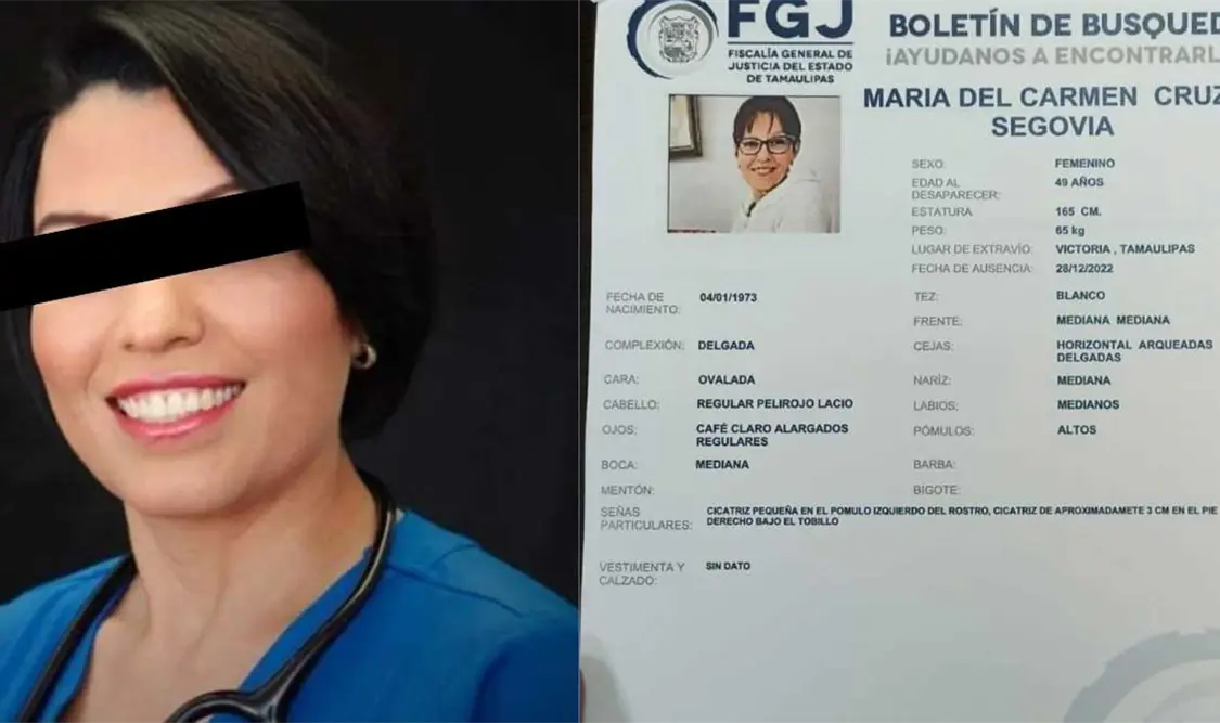 El viernes fue localizado el cuerpo de la dermatóloga María del Carmen Cruz Segovia en Tamaulipas. En ese estado existen 12 mil 469 personas desaparecidas. Cortesía