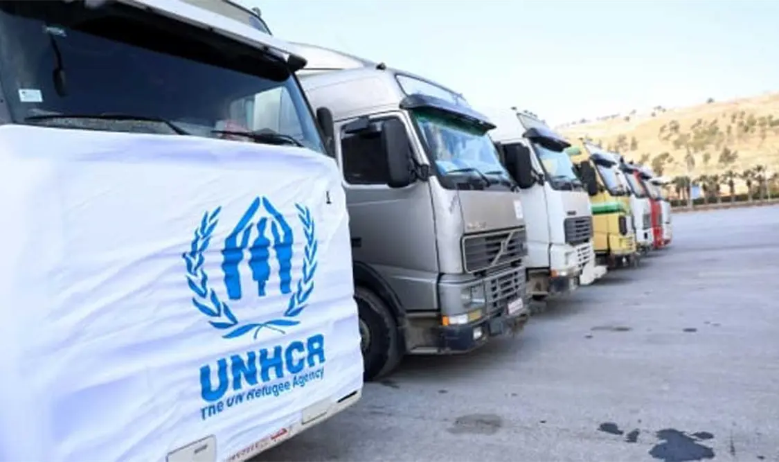 Camiones con material de ayuda enviado por agencias de la ONU para ayudar a los damnificados. Cortesía