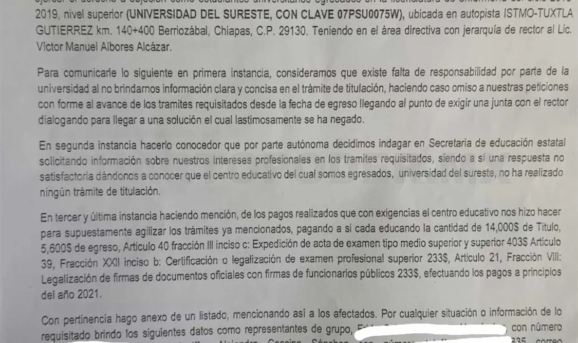 Alumnos egresados de la Universidad del Sureste piden dar solución a este conflicto. CP