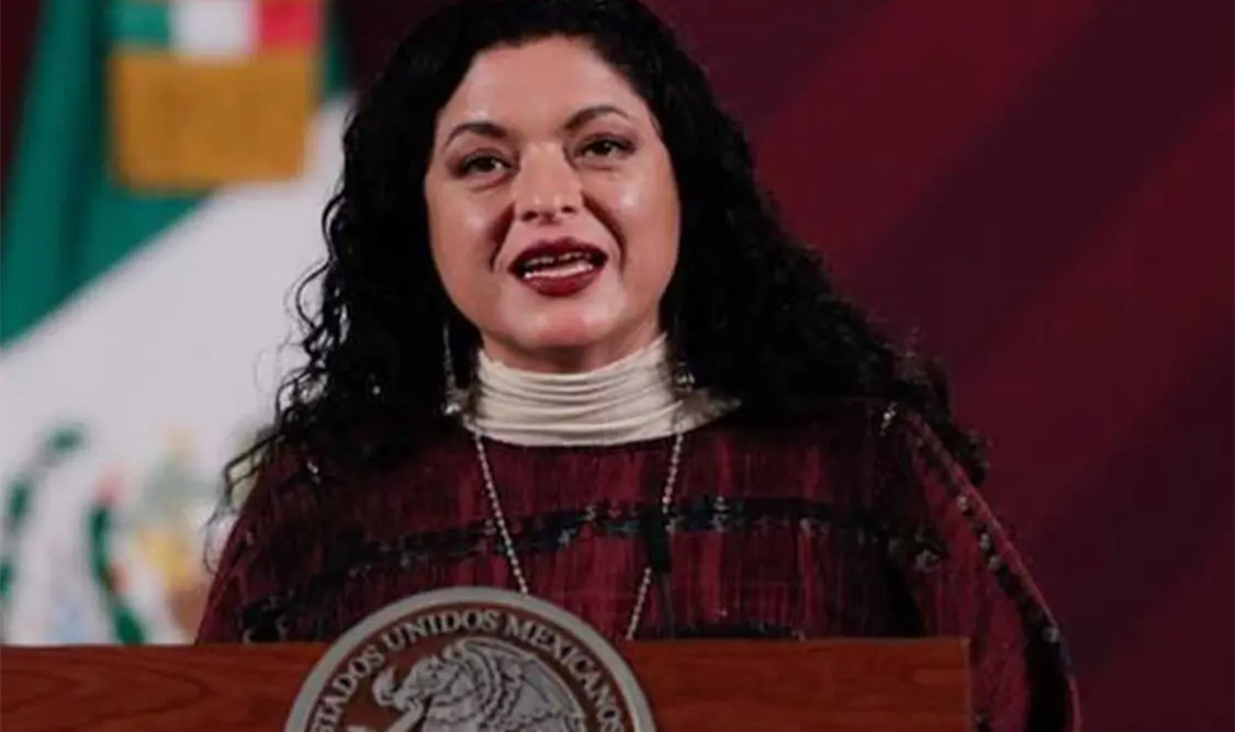 La secretaria de Cultura federal, Alejandra Frausto, en la conferencia mañanera. Cortesía