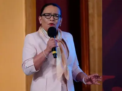 Rosa Icela Rodríguez, secretaria de Seguridad y Protección Ciudadana, durante la conferencia de prensa del presidente Andrés Manuel López Obrador. Cortesía