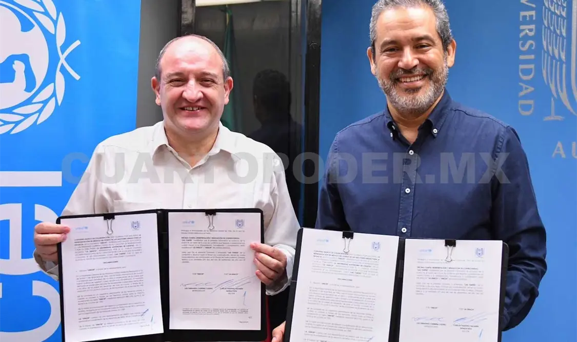 El acuerdo fue firmado por el rector de la Unach, Carlos F. Natarén Nandayapa, y Luis Fernando Carrera, representante de Unicef México. CP