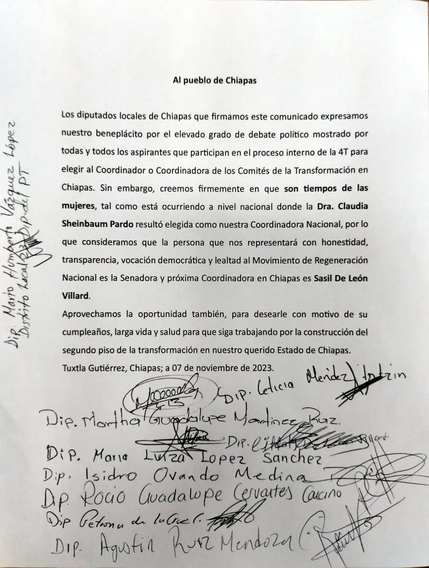 Diputadas y diputados locales de MORENA, PVEM y PES se pronuncian a favor de Sasil de León.