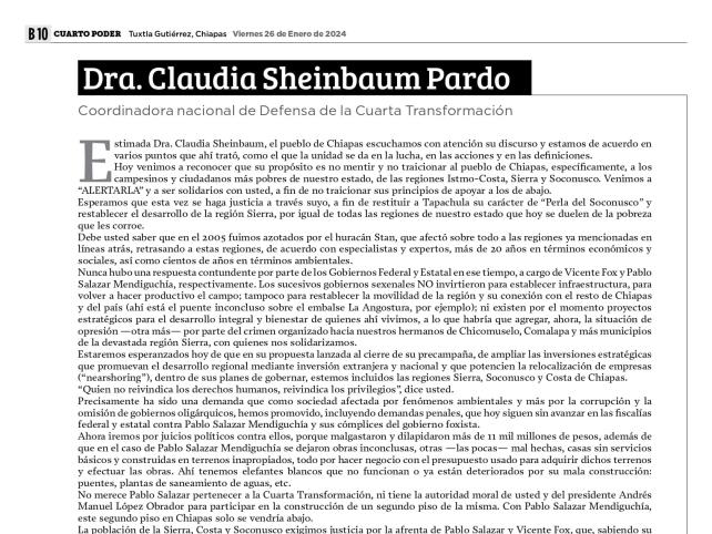 Carta abierta a la Dra. Claudia Sheinbaum PardoCoordinadora nacional de Defensa de la Cuarta Transformación