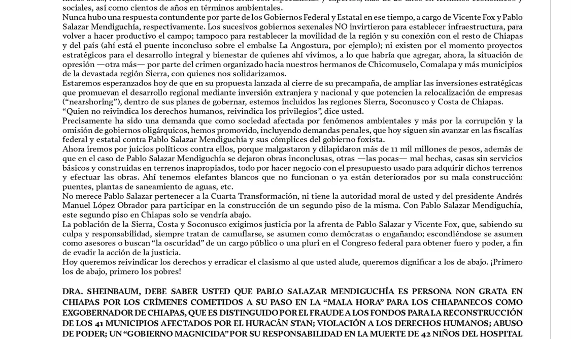 Carta abierta a la Dra. Claudia Sheinbaum PardoCoordinadora nacional de Defensa de la Cuarta Transformación