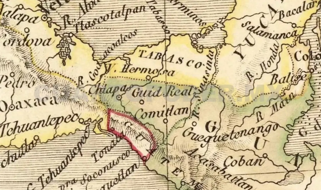 Parte del mapa en el cual aún el Soconusco no se federaba a México. CP